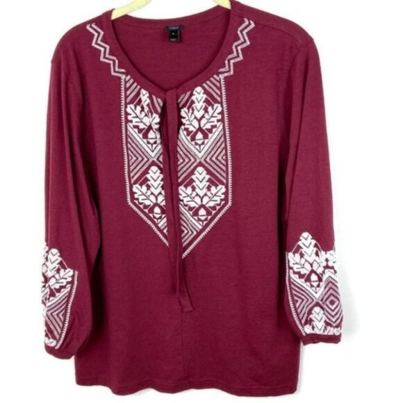 J. Crew Red Embroidered Tie-Neck Boho Top Size Small Hippie Peasant Blouse Bell - Picture 6 of 7